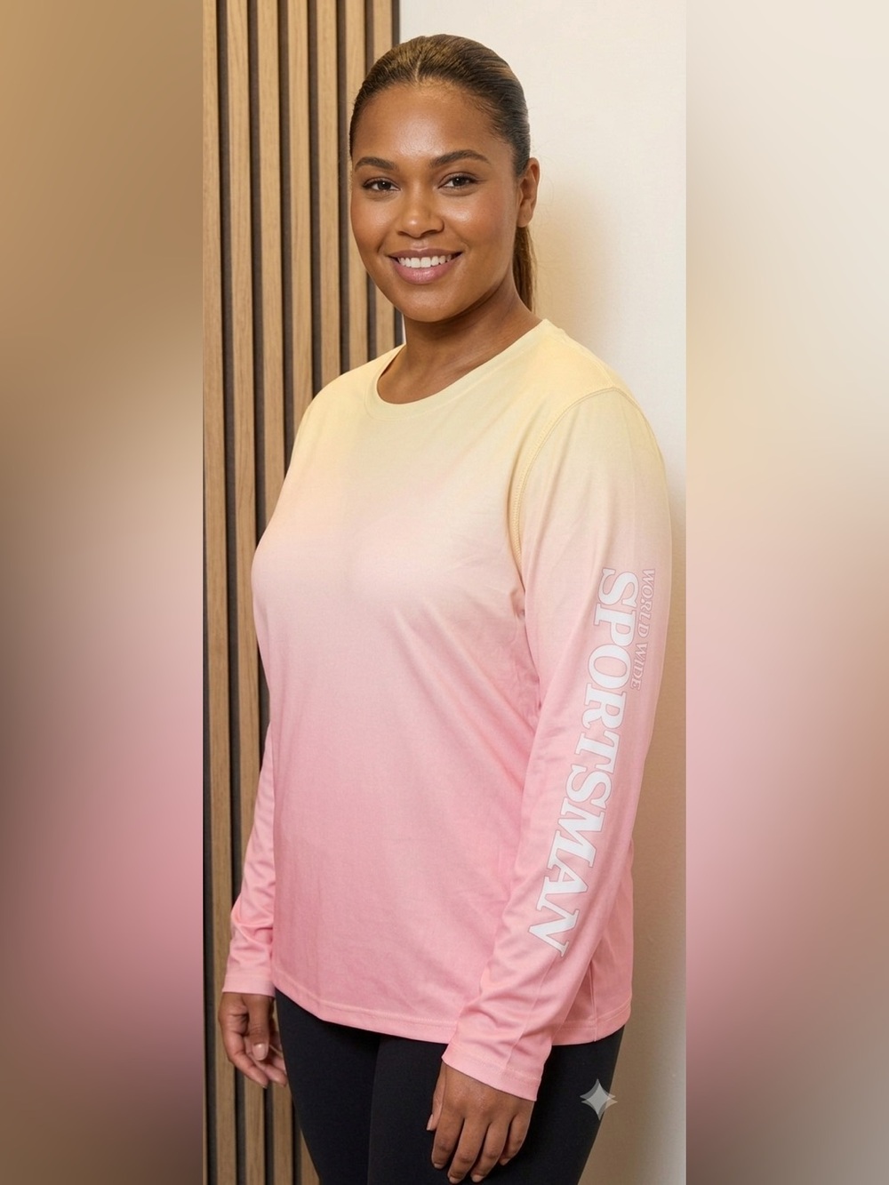 Long-Sleeve Ombre Crew Tee in Pink and Cream with Sleeve Logo fishing